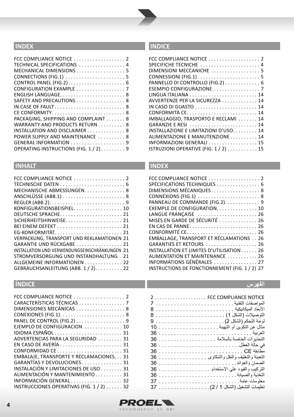 Index, Índice, Indice | ﺱﺭﻬﻔﻟﺍ, Inhalt | Proel M602FX User Manual | Page 4 / 41