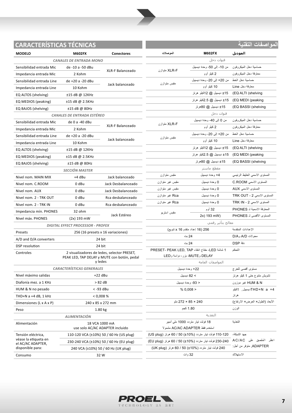 ﺔﻳﻧﻘﺗﻟﺍ ﺕﺎﻔﺻﺍﻭﻣﻟﺍ características técnicas | Proel M602FX User Manual | Page 7 / 41