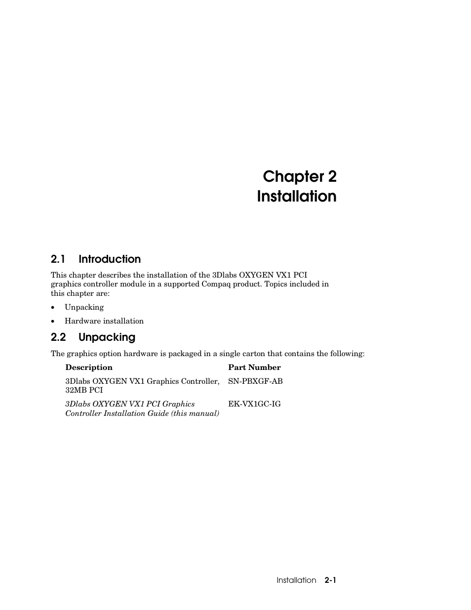 Installation, Introduction, 2 unpacking | Chapter 2 installation, 1 introduction | Compaq OXYGEN VX1 User Manual | Page 11 / 29