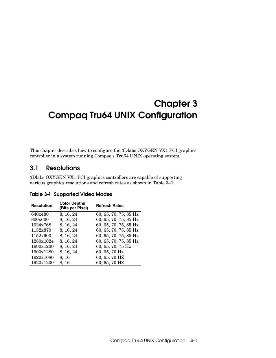 Compaq tru64 unix configuration, 1 resolutions, Chapter 3 compaq tru64 unix configuration | Compaq OXYGEN VX1 User Manual | Page 15 / 29