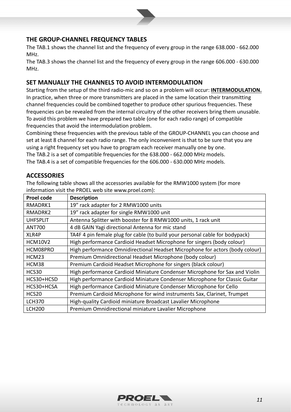 Proel RMW1000M User Manual | Page 11 / 82