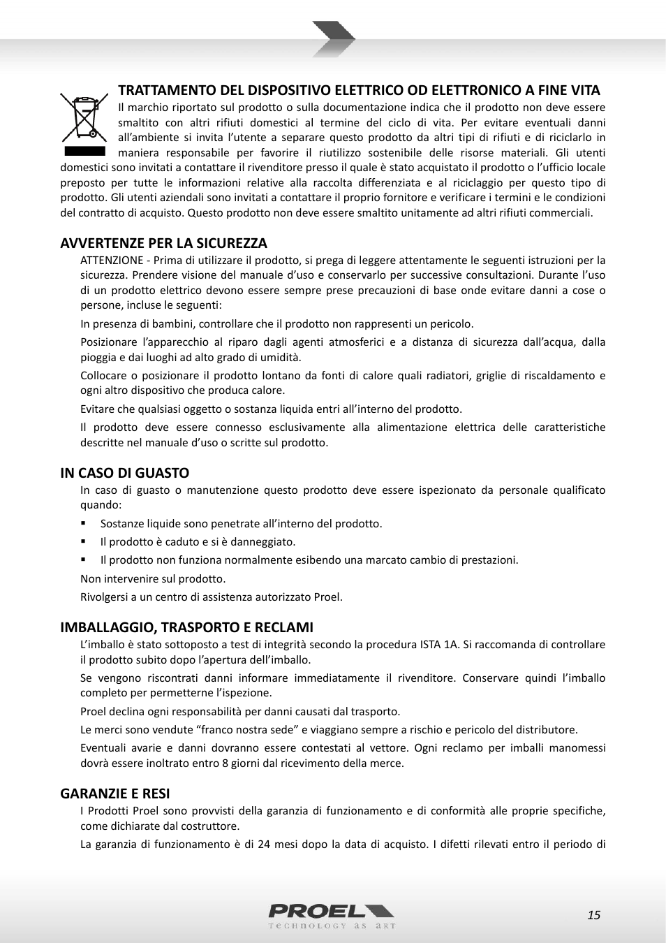 Avvertenze per la sicurezza, Imballaggio, trasporto e reclami, Garanzie e resi | Proel RMW1000M User Manual | Page 15 / 82