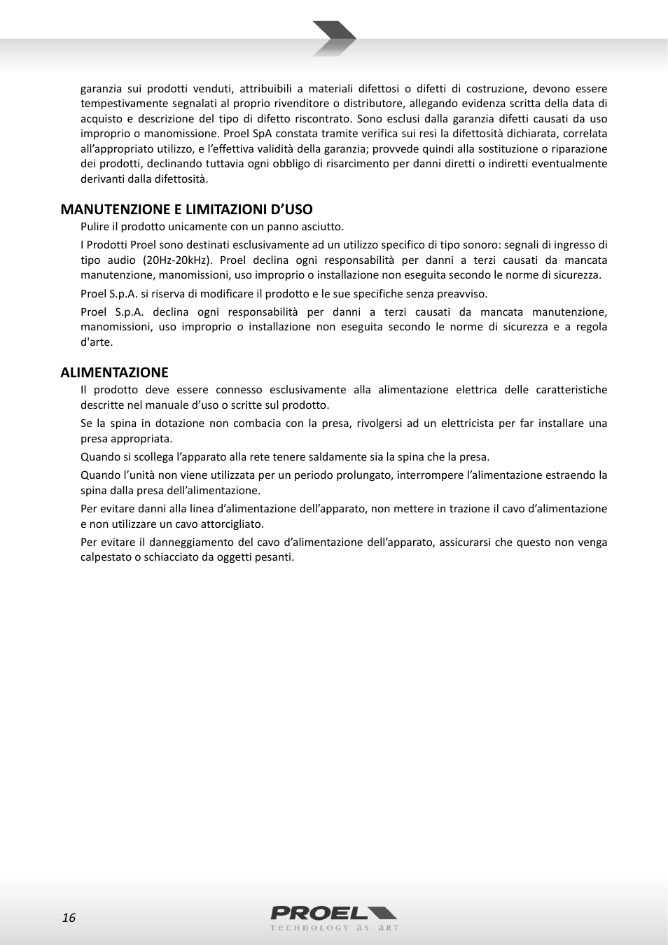 Manutenzione e limitazioni d’uso, Alimentazione | Proel RMW1000M User Manual | Page 16 / 82