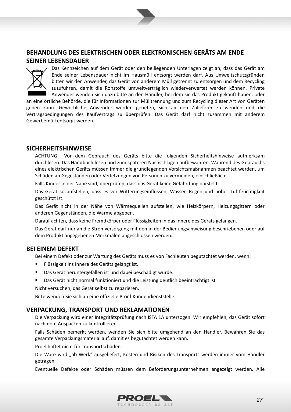 Sicherheitshinweise, Bei einem defekt, Verpackung, transport und reklamationen | Proel RMW1000M User Manual | Page 27 / 82