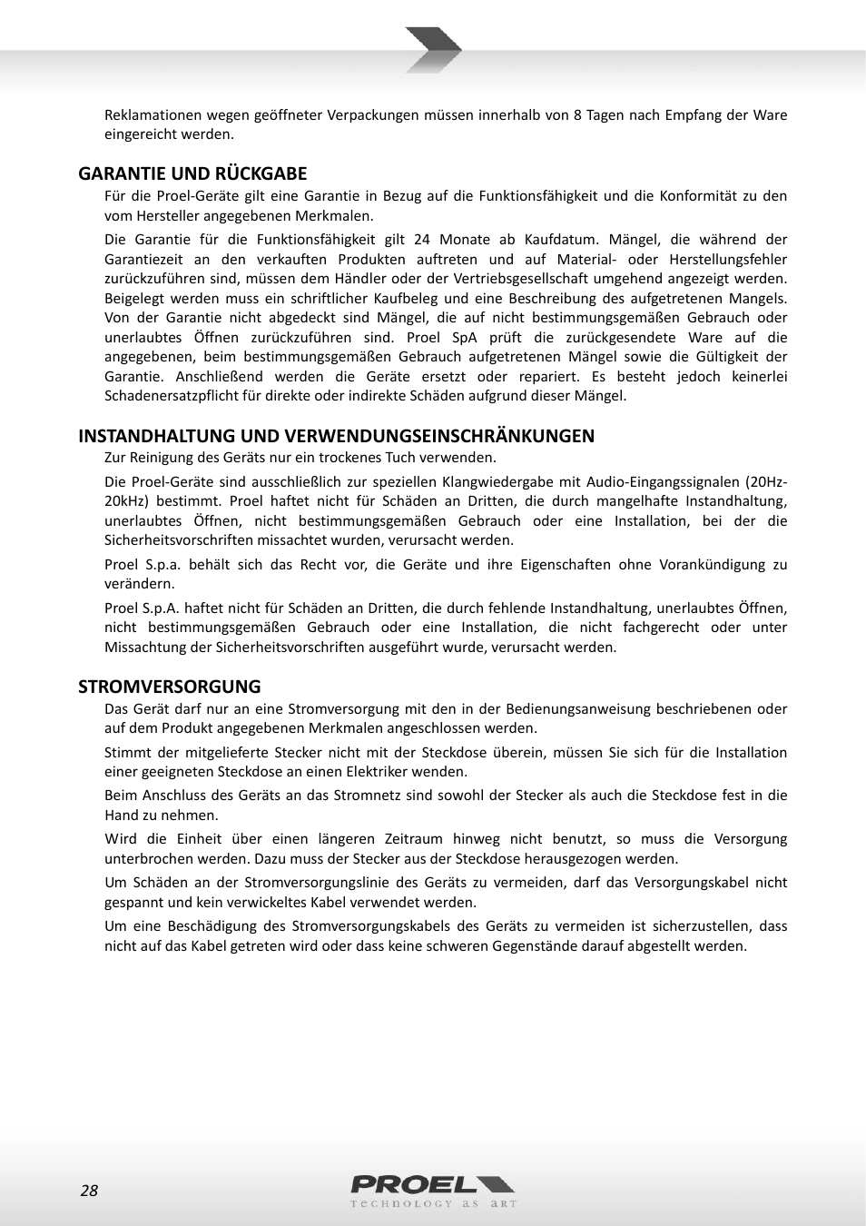 Garantie und rückgabe, Instandhaltung und verwendungseinschränkungen, Stromversorgung | Proel RMW1000M User Manual | Page 28 / 82