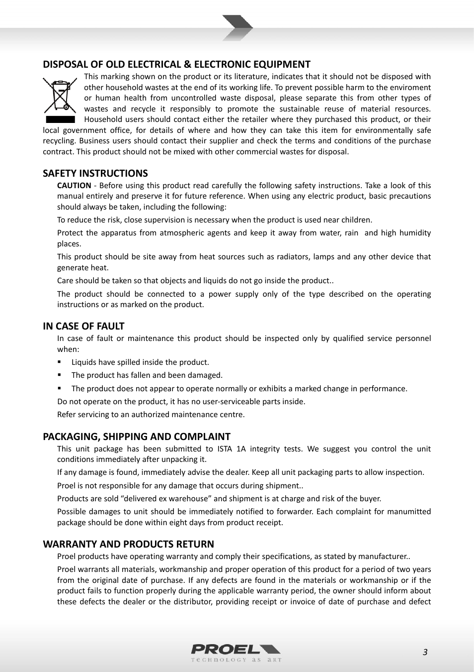 Disposal of old electrical & electronic equipment, Safety instructions, Packaging, shipping and complaint | Warranty and products return | Proel RMW1000M User Manual | Page 3 / 82