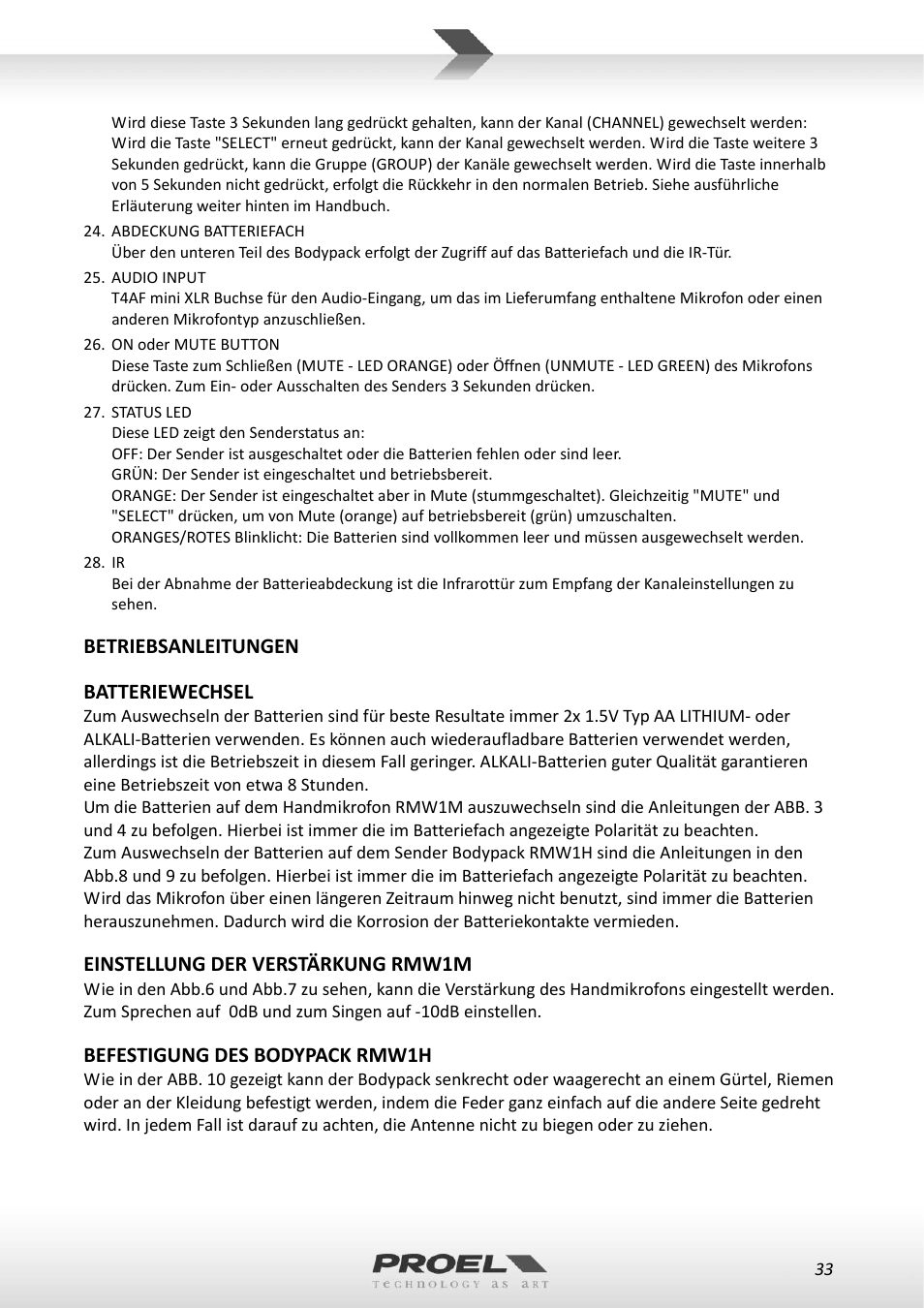 Betriebsanleitungen batteriewechsel, Einstellung der verstärkung rmw1m, Befestigung des bodypack rmw1h | Proel RMW1000M User Manual | Page 33 / 82