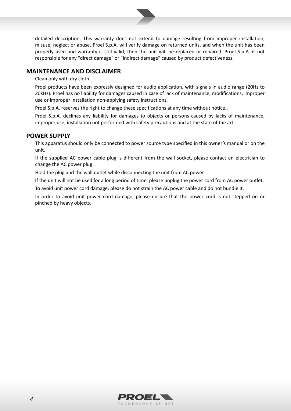 Maintenance and disclaimer, Power supply | Proel RMW1000M User Manual | Page 4 / 82