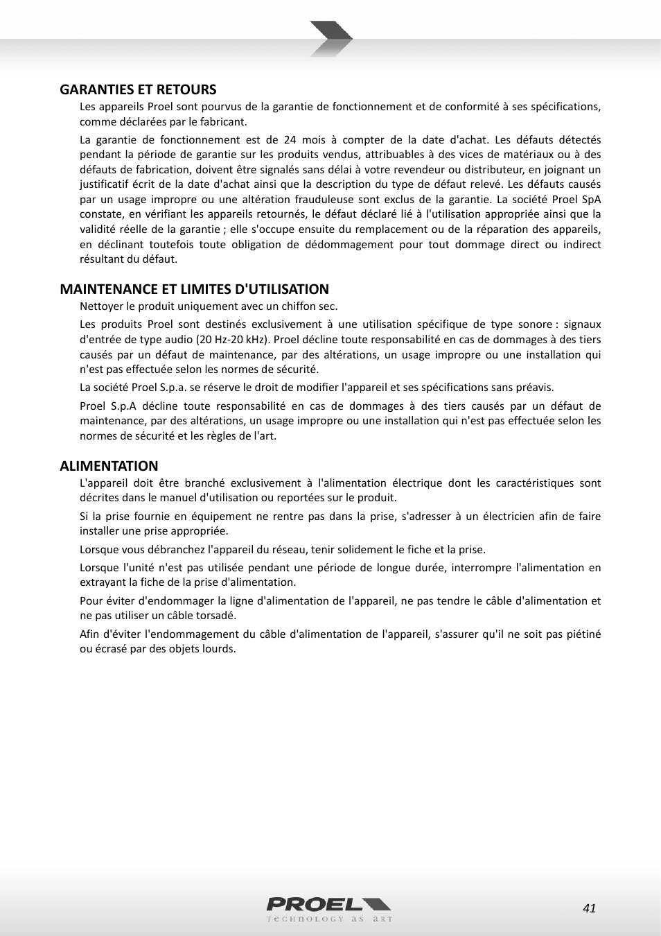 Garanties et retours, Maintenance et limites d'utilisation, Alimentation | Proel RMW1000M User Manual | Page 41 / 82