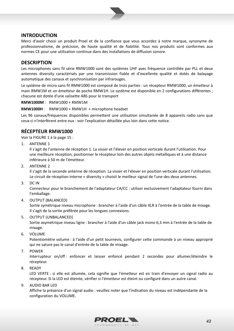 Introduction, Description, Récepteur rmw1000 | Proel RMW1000M User Manual | Page 43 / 82