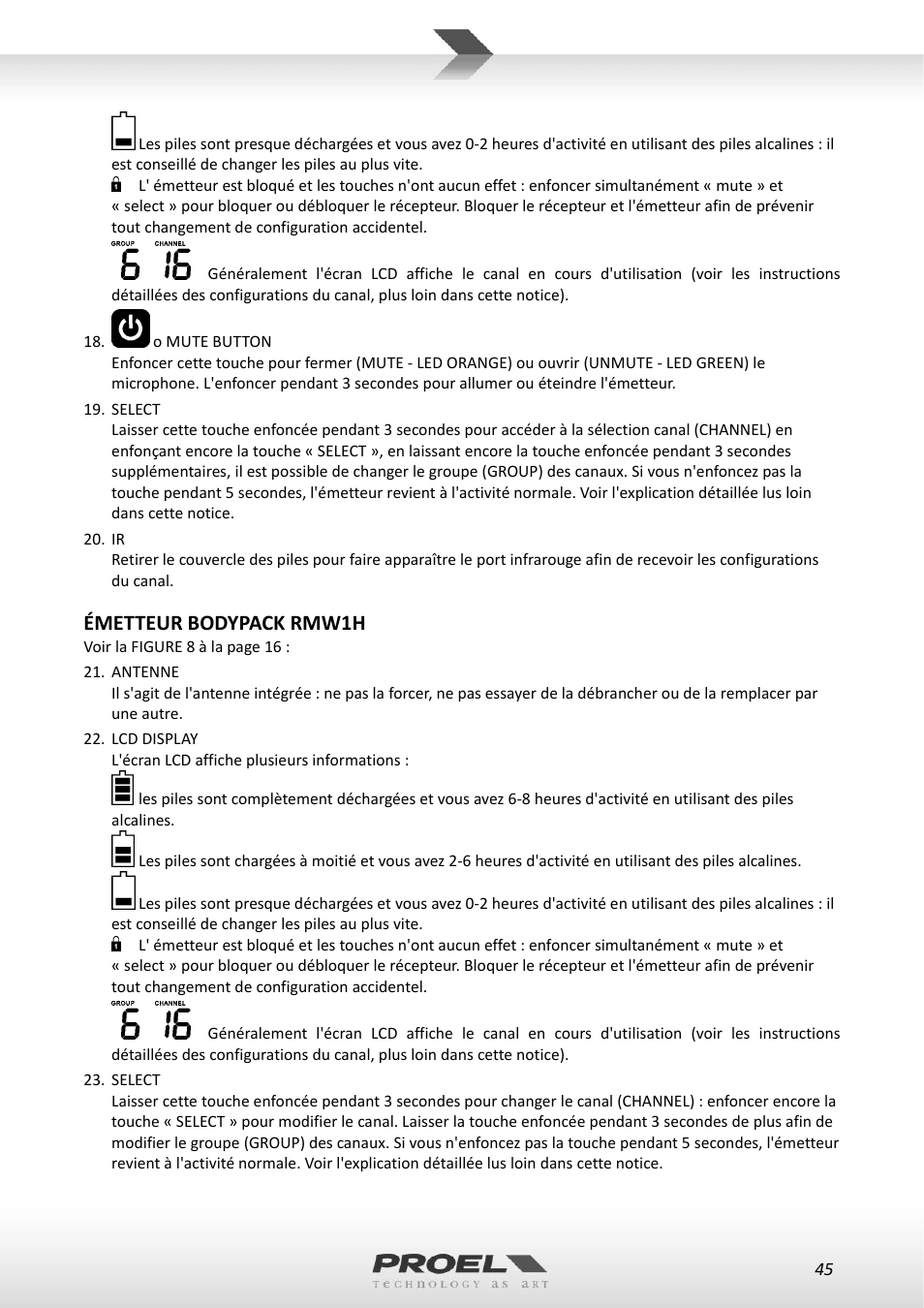 Émetteur bodypack rmw1h | Proel RMW1000M User Manual | Page 45 / 82