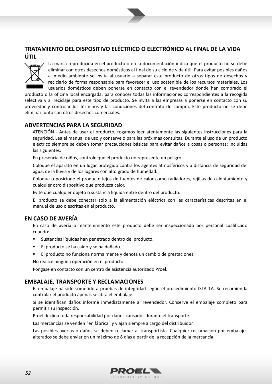 Advertencias para la seguridad, En caso de avería, Embalaje, transporte y reclamaciones | Proel RMW1000M User Manual | Page 52 / 82