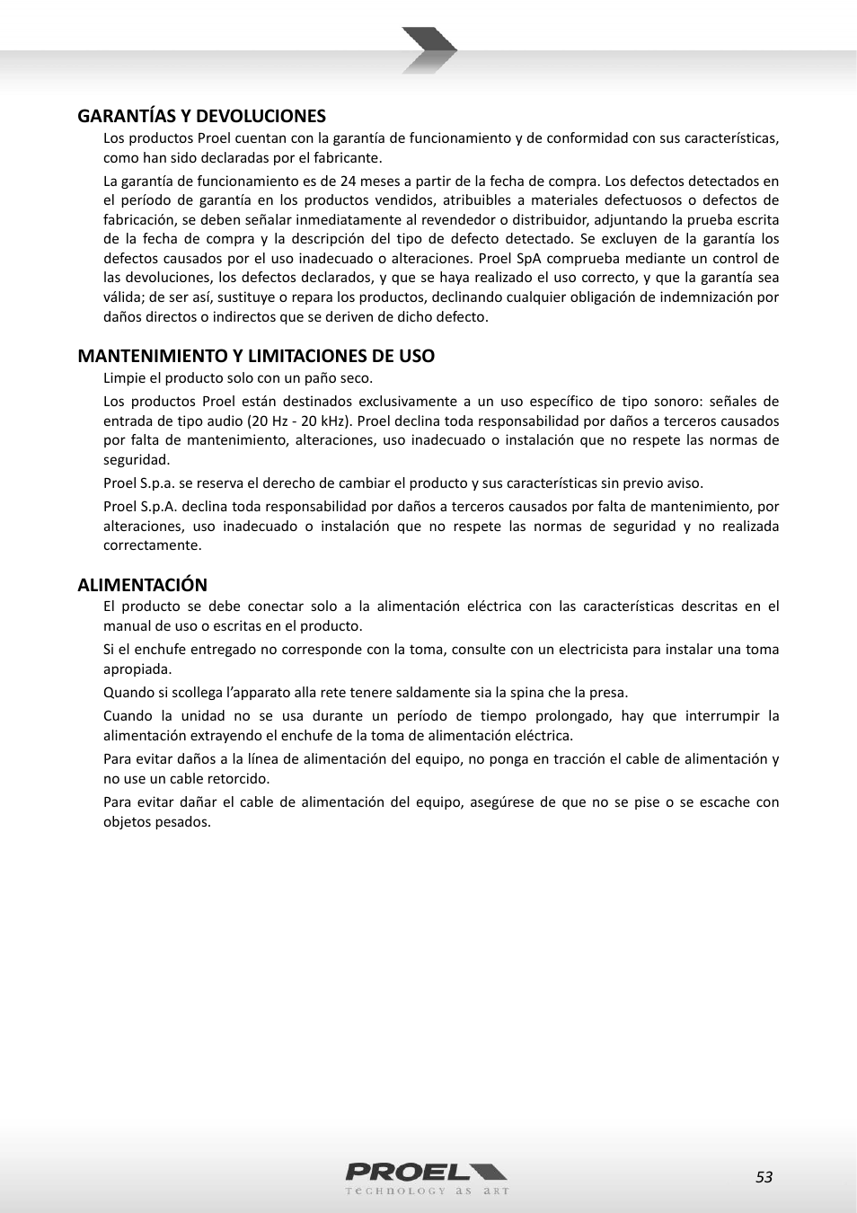 Garantías y devoluciones, Mantenimiento y limitaciones de uso, Alimentación | Proel RMW1000M User Manual | Page 53 / 82