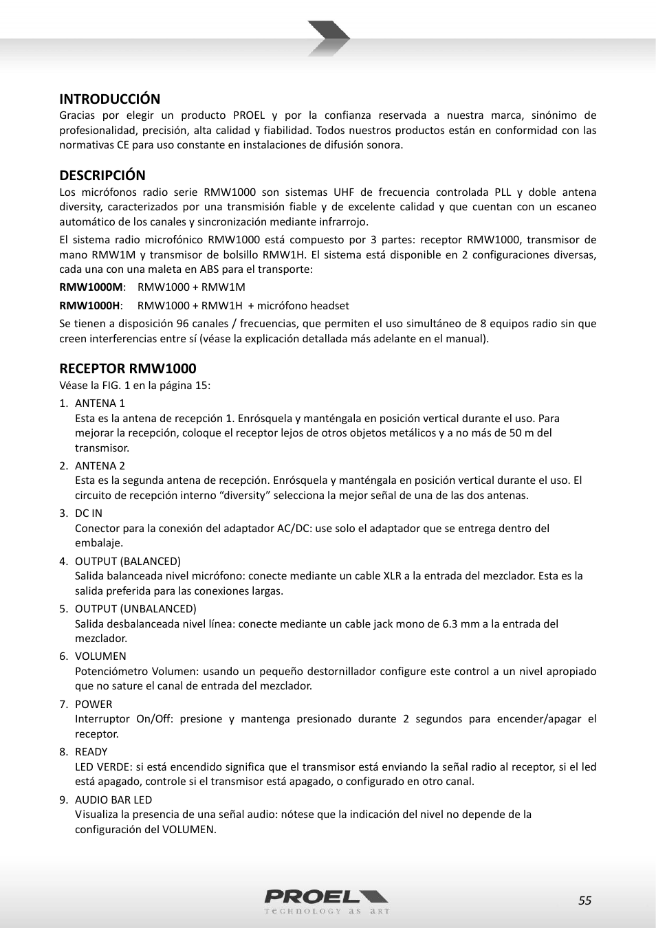 Introducción, Descripción, Receptor rmw1000 | Proel RMW1000M User Manual | Page 55 / 82