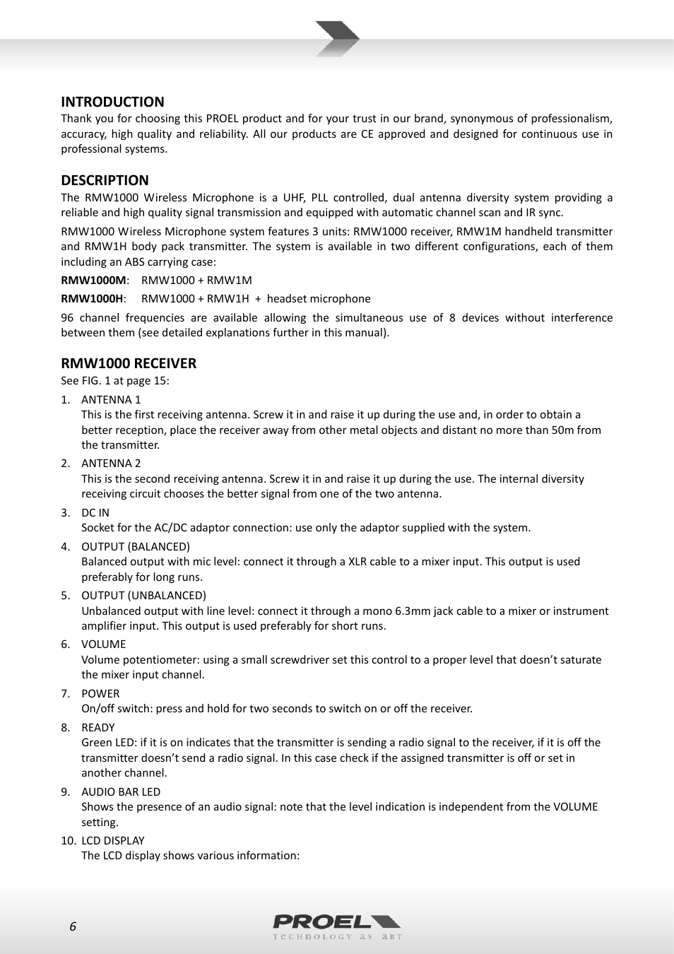 Introduction, Description, Rmw1000 receiver | Proel RMW1000M User Manual | Page 6 / 82