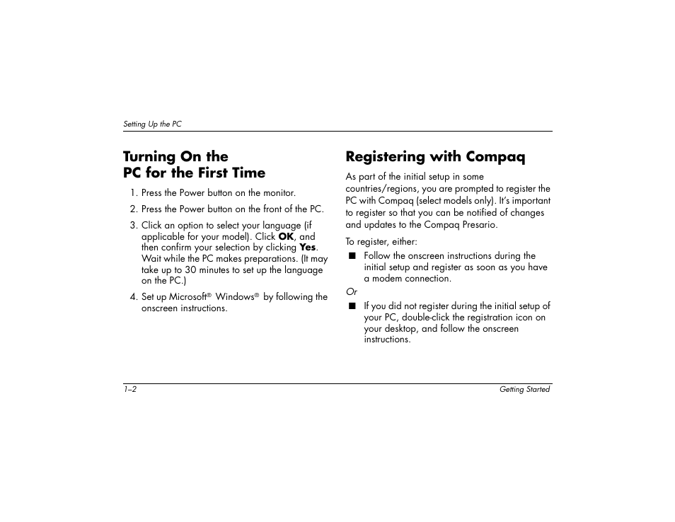 Turning on the pc for the first time, Registering with compaq | Compaq 8000 User Manual | Page 10 / 158