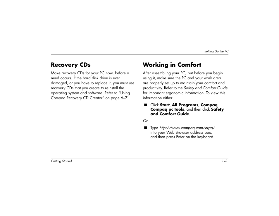 Recovery cds, Working in comfort | Compaq 8000 User Manual | Page 11 / 158