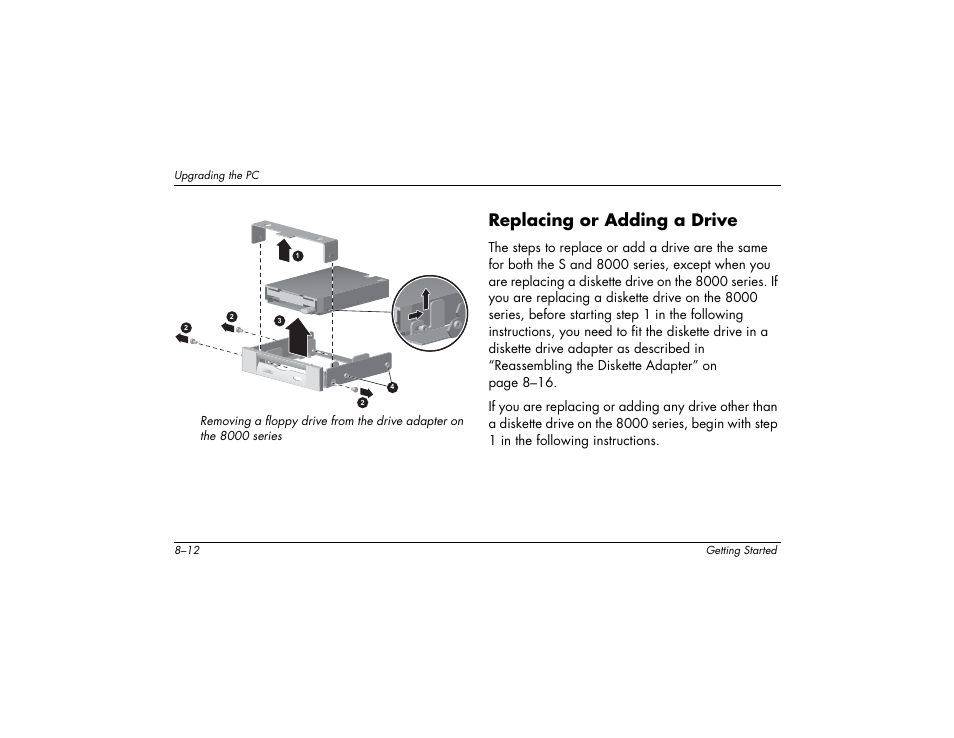 Replacing or adding a drive | Compaq 8000 User Manual | Page 128 / 158