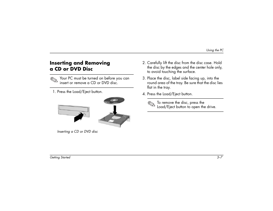 Inserting and removing a cd or dvd disc | Compaq 8000 User Manual | Page 21 / 158