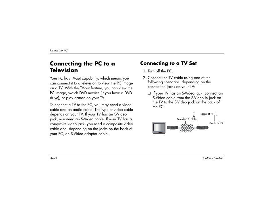 Connecting the pc to a television, Connecting to a tv set | Compaq 8000 User Manual | Page 38 / 158