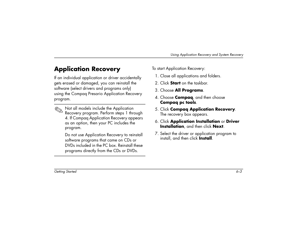 Application recovery | Compaq 8000 User Manual | Page 77 / 158