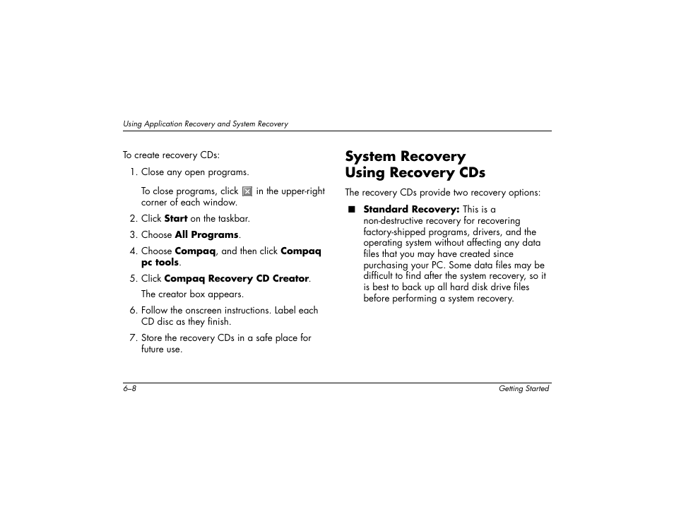 System recovery using recovery cds | Compaq 8000 User Manual | Page 82 / 158