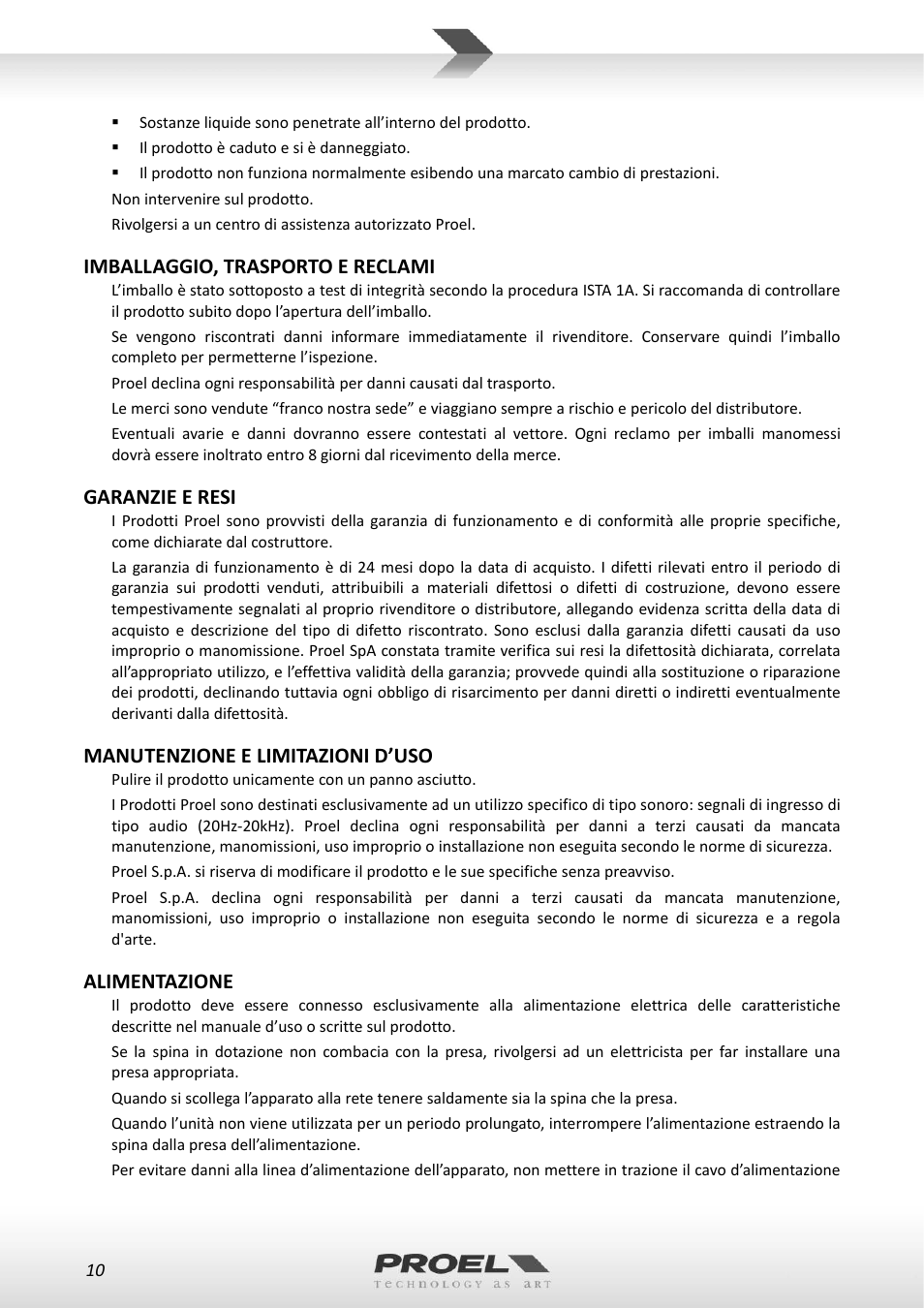 Imballaggio, trasporto e reclami, Garanzie e resi, Manutenzione e limitazioni d’uso | Alimentazione | Proel WM100 User Manual | Page 10 / 51