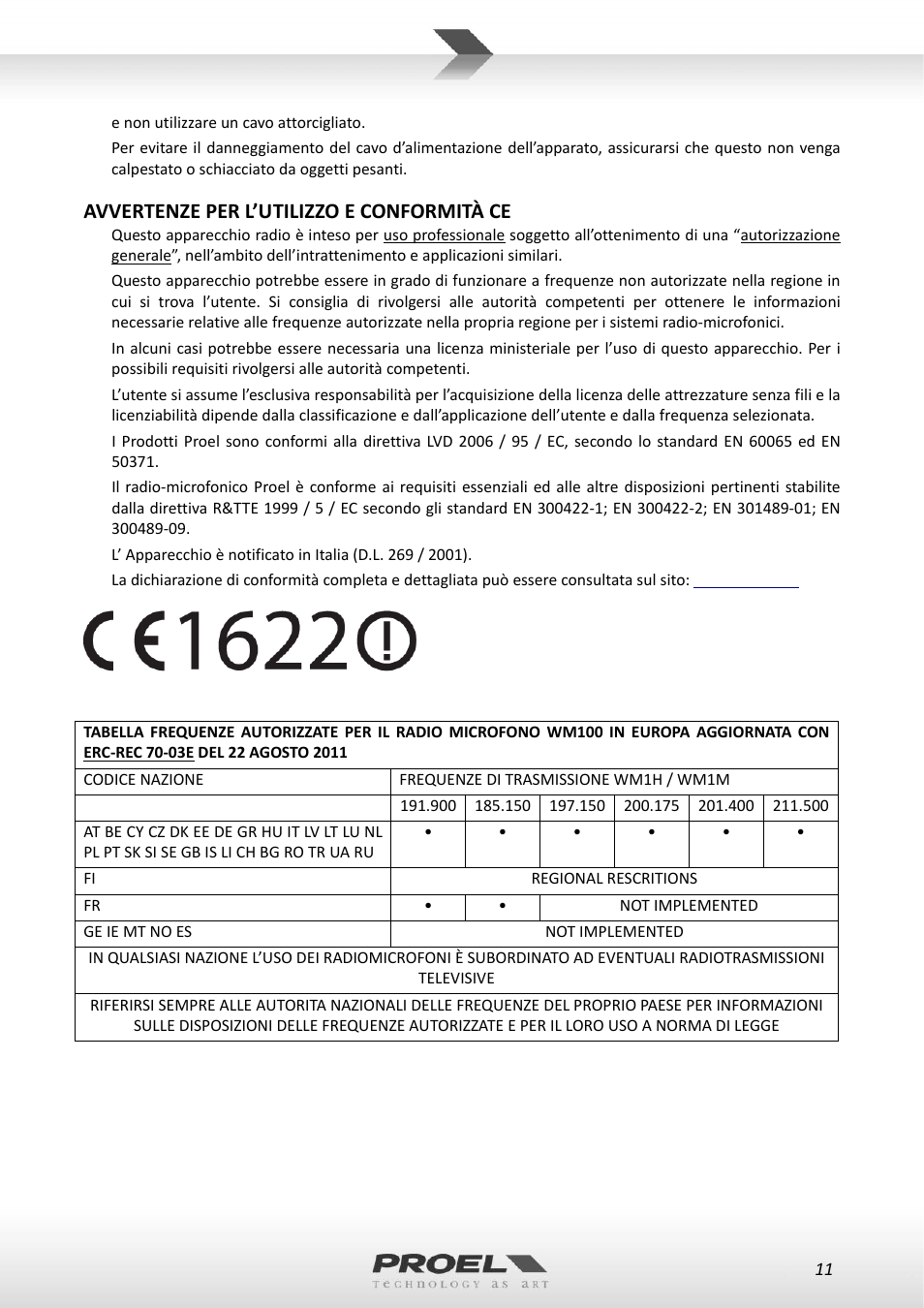 Avvertenze per l’utilizzo e conformità ce | Proel WM100 User Manual | Page 11 / 51