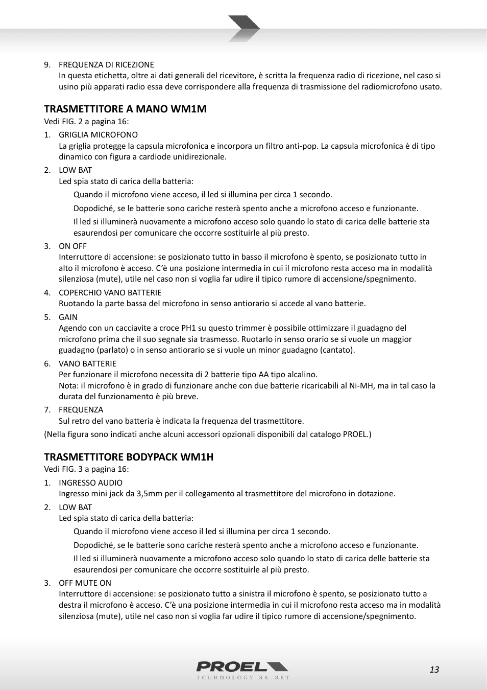 Trasmettitore a mano wm1m, Trasmettitore bodypack wm1h | Proel WM100 User Manual | Page 13 / 51