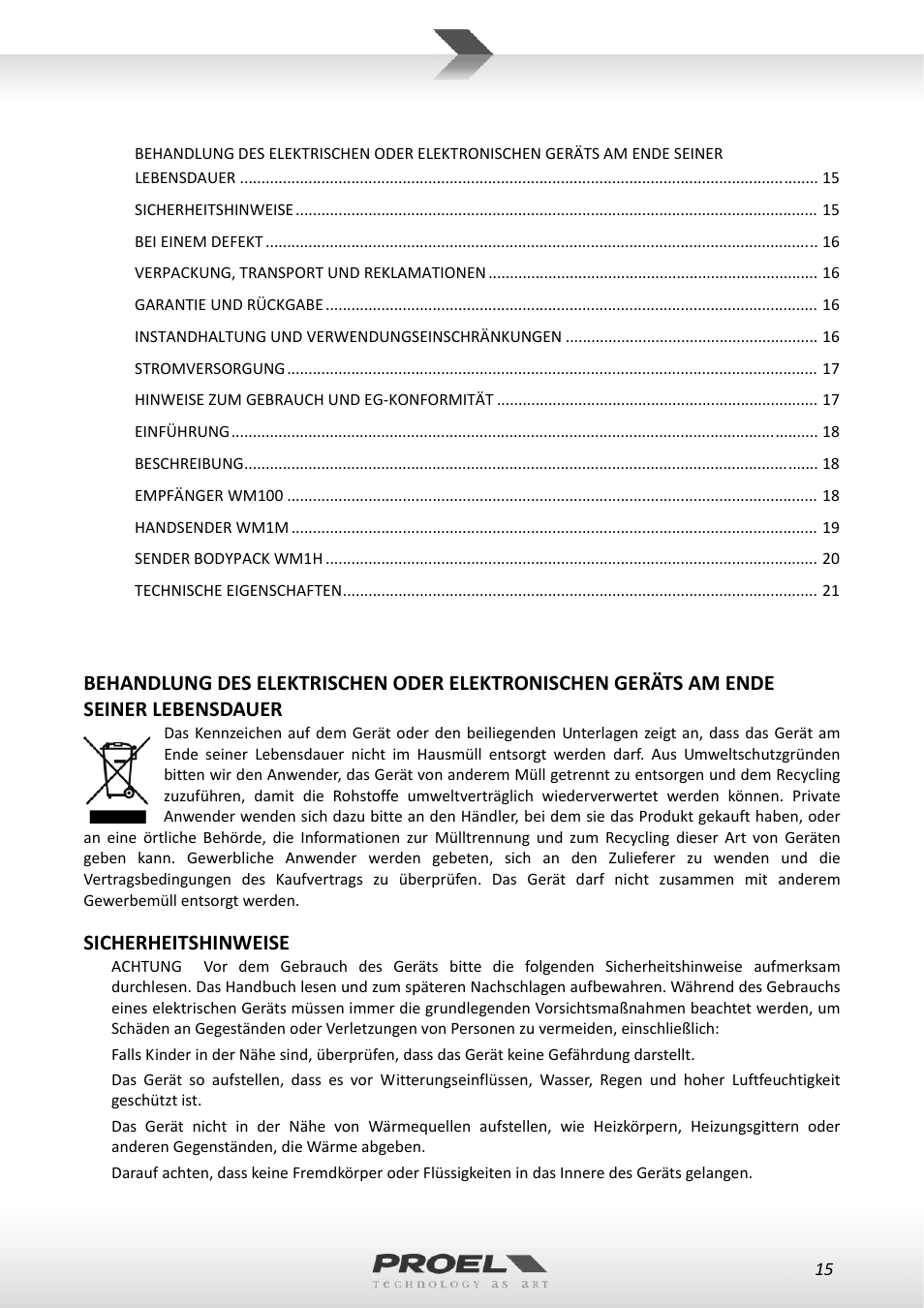 Sicherheitshinweise | Proel WM100 User Manual | Page 15 / 51