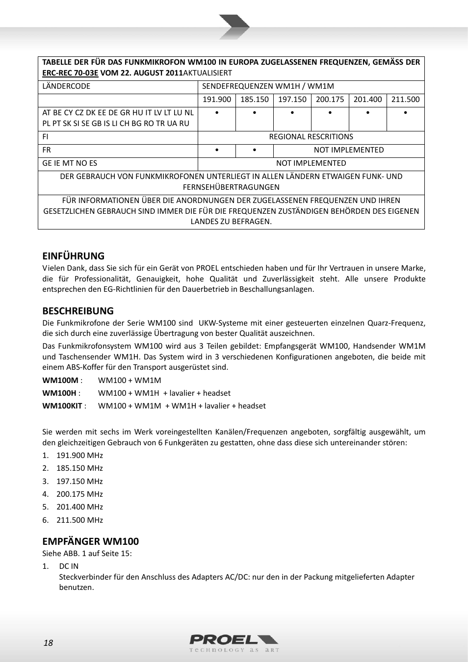 Einführung, Beschreibung, Empfänger wm100 | Proel WM100 User Manual | Page 18 / 51