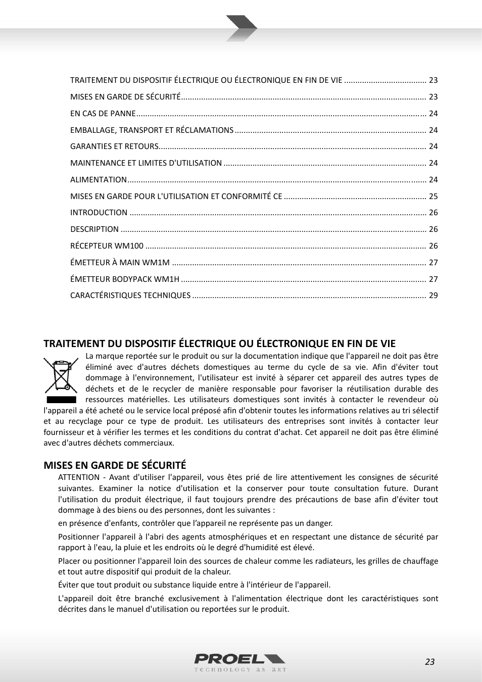 Mises en garde de sécurité | Proel WM100 User Manual | Page 23 / 51