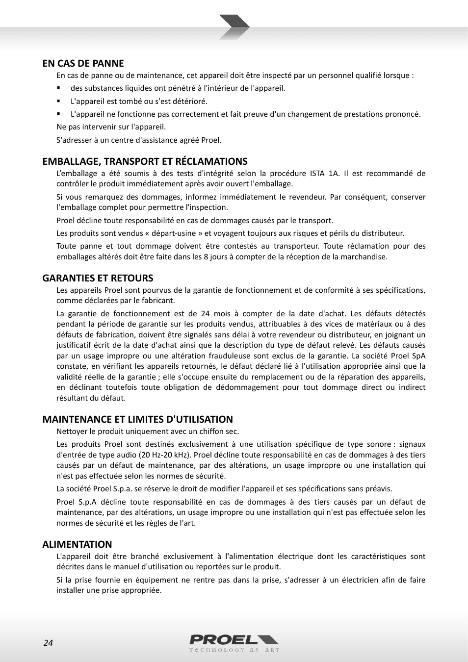En cas de panne, Emballage, transport et réclamations, Garanties et retours | Maintenance et limites d'utilisation, Alimentation | Proel WM100 User Manual | Page 24 / 51