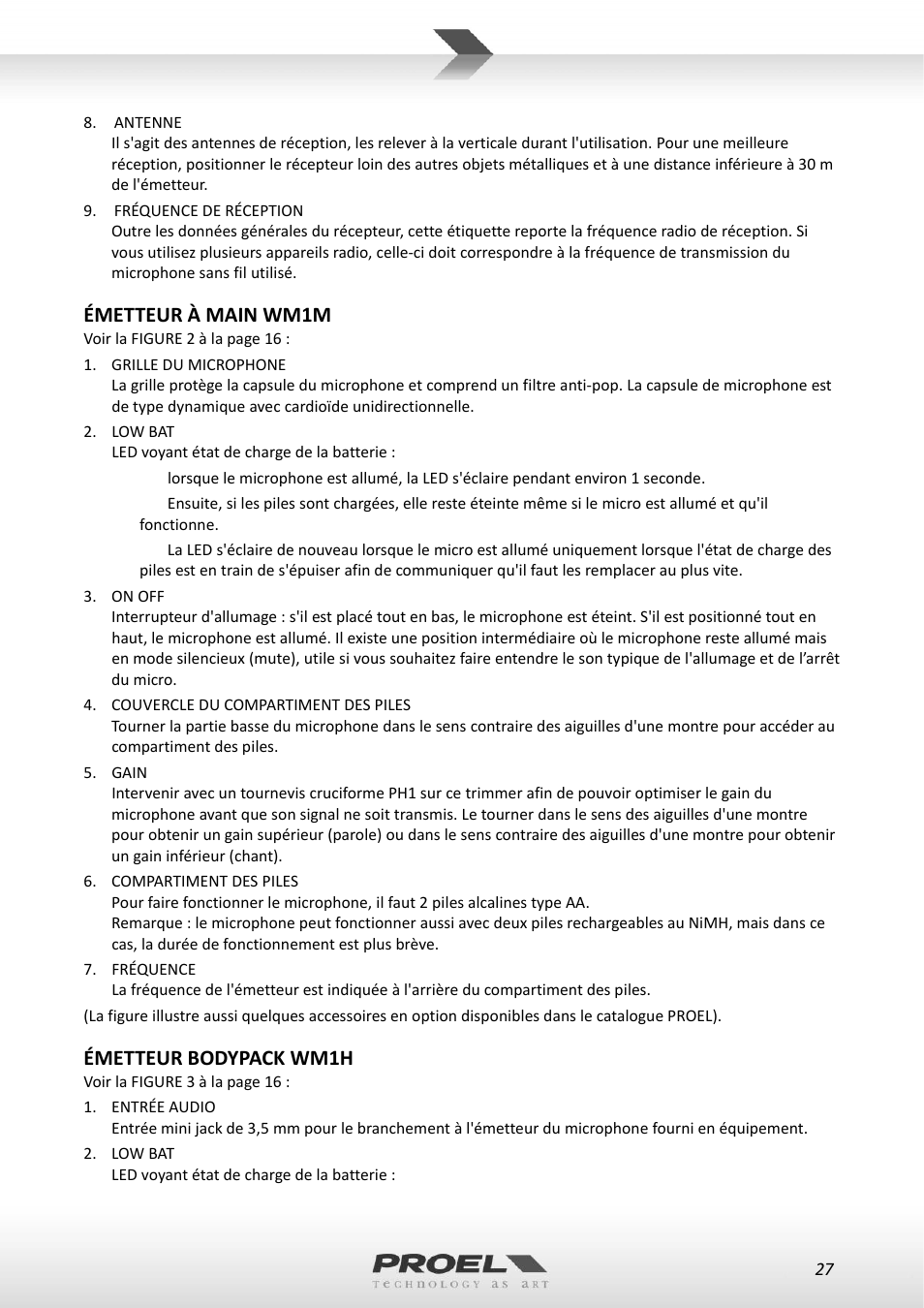 Émetteur à main wm1m, Émetteur bodypack wm1h | Proel WM100 User Manual | Page 27 / 51