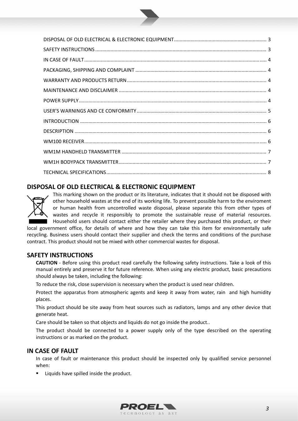 Disposal of old electrical & electronic equipment, Safety instructions | Proel WM100 User Manual | Page 3 / 51