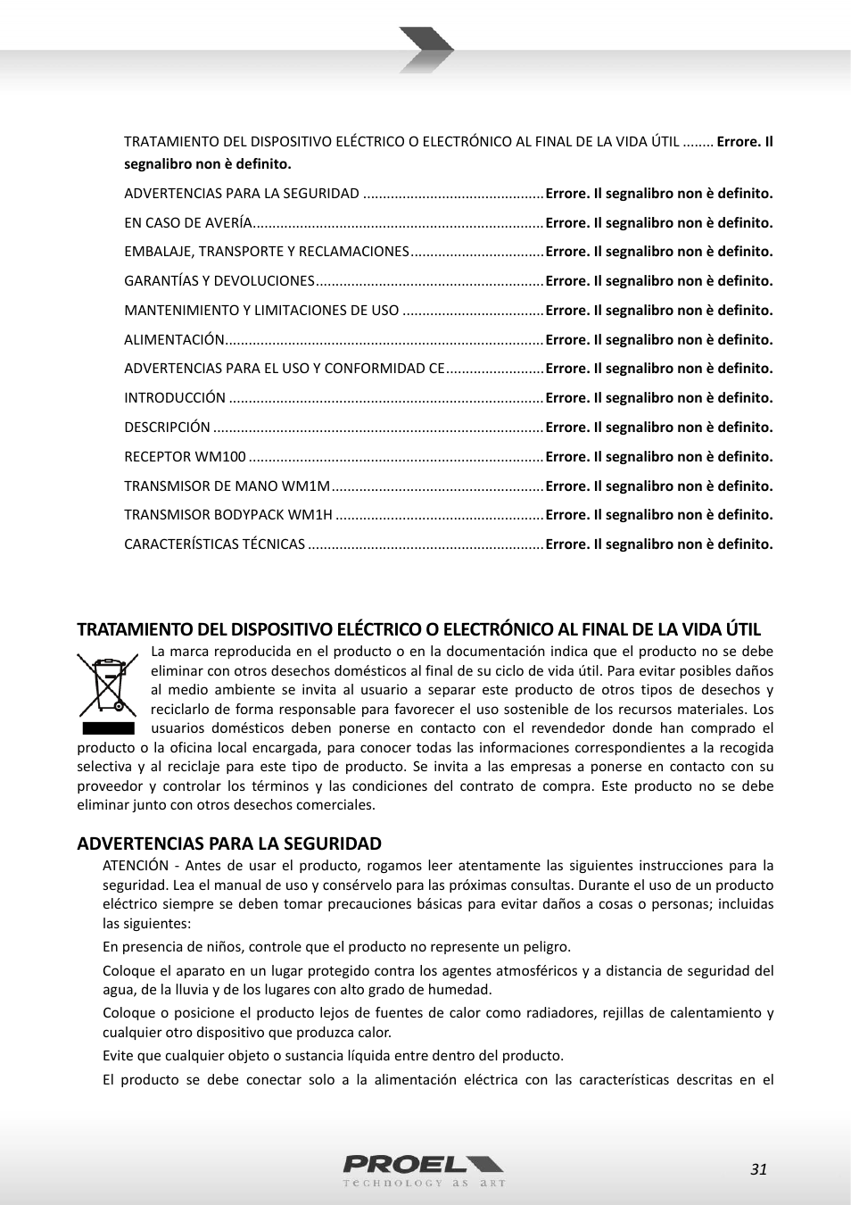 Advertencias para la seguridad | Proel WM100 User Manual | Page 31 / 51