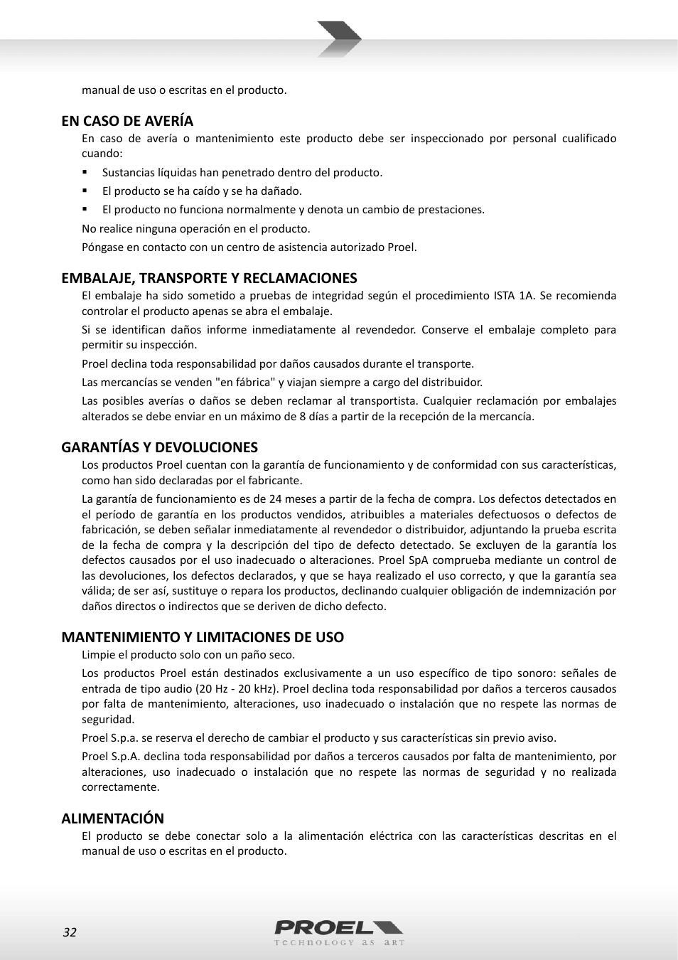 En caso de avería, Embalaje, transporte y reclamaciones, Garantías y devoluciones | Mantenimiento y limitaciones de uso, Alimentación | Proel WM100 User Manual | Page 32 / 51