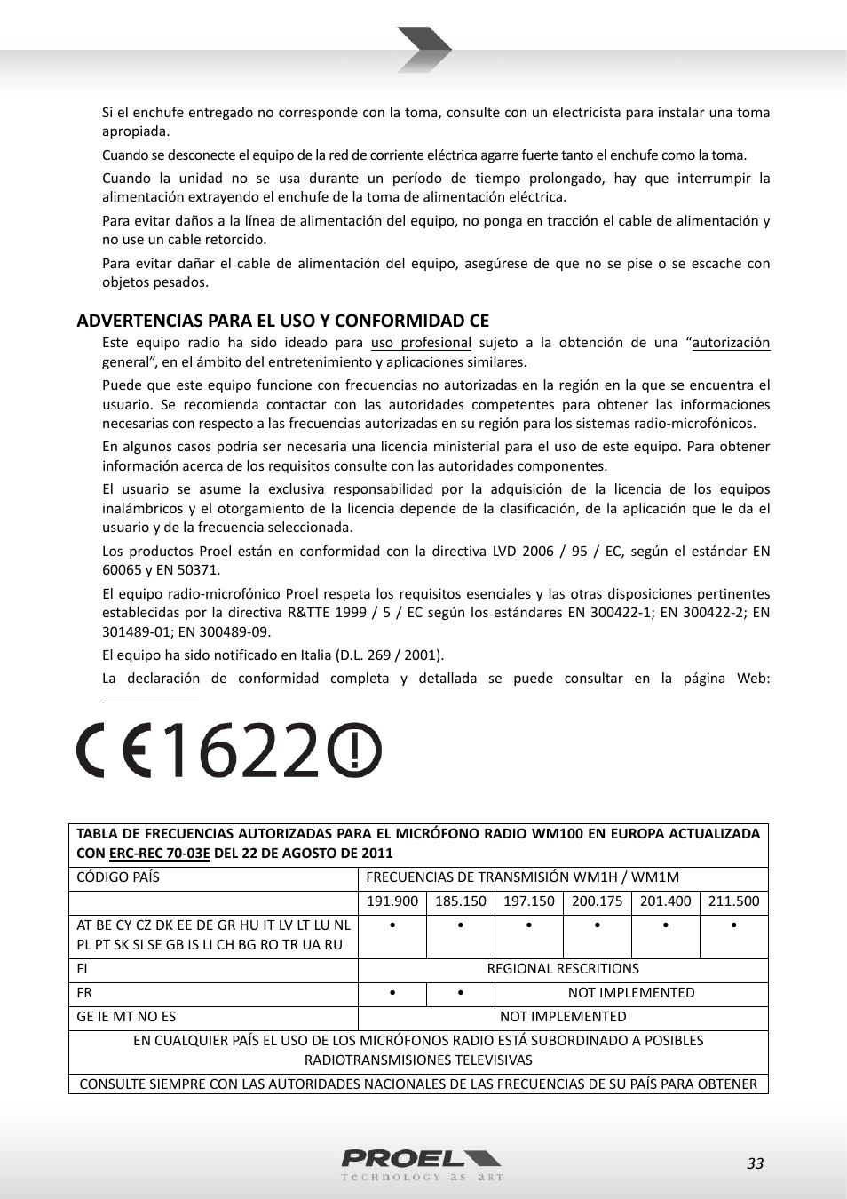 Advertencias para el uso y conformidad ce | Proel WM100 User Manual | Page 33 / 51