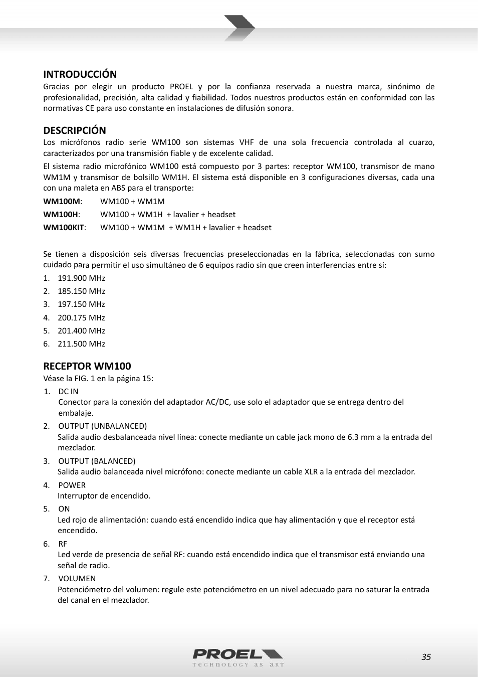 Introducción, Descripción, Receptor wm100 | Proel WM100 User Manual | Page 35 / 51