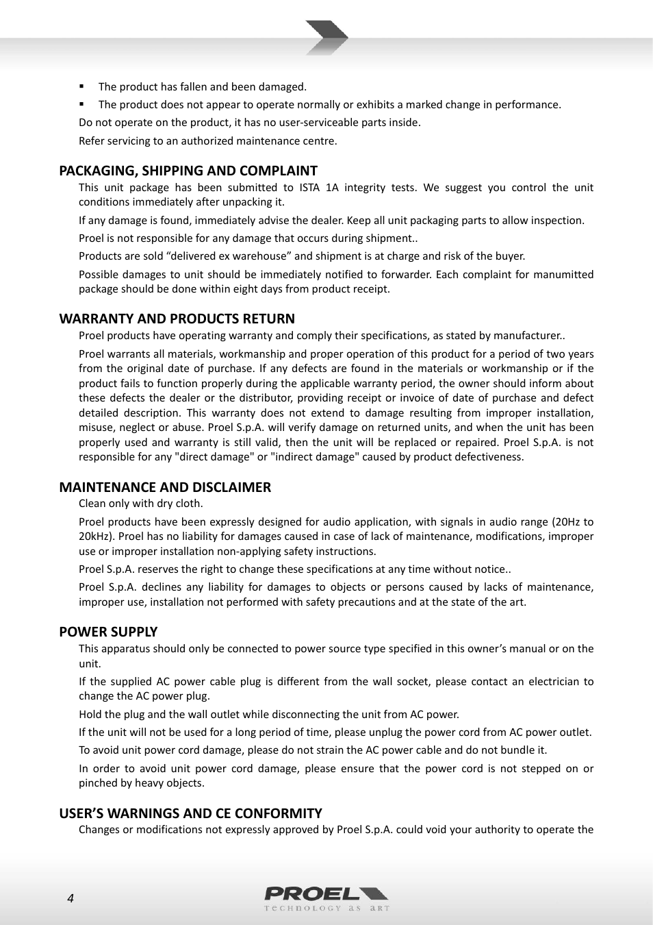 Packaging, shipping and complaint, Warranty and products return, Maintenance and disclaimer | Power supply, User’s warnings and ce conformity | Proel WM100 User Manual | Page 4 / 51