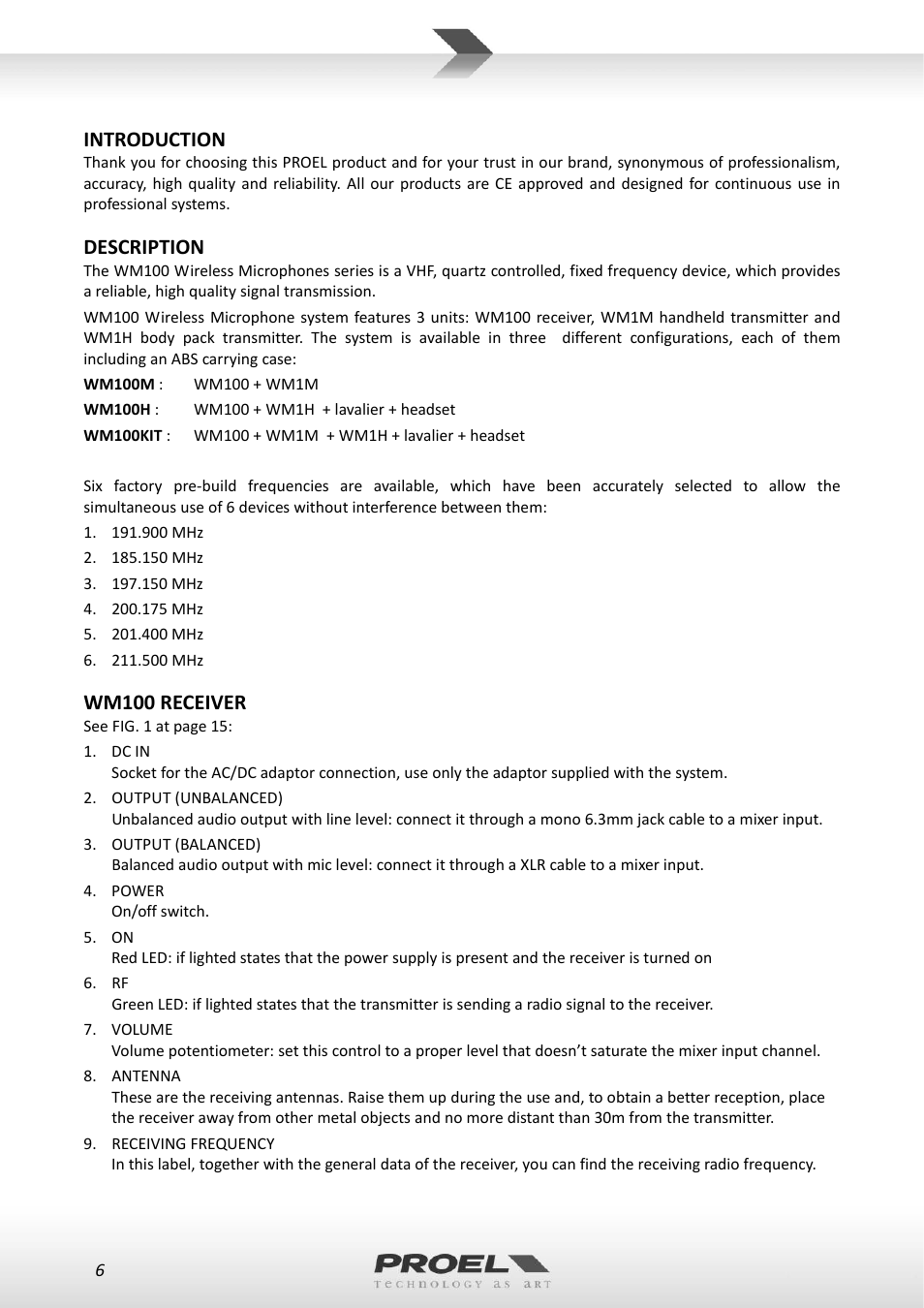 Introduction, Description, Wm100 receiver | Proel WM100 User Manual | Page 6 / 51