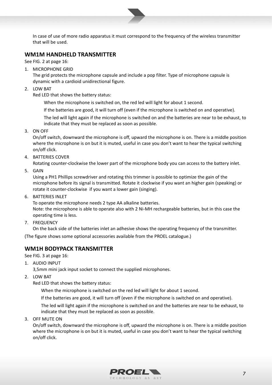 Wm1m handheld transmitter, Wm1h bodypack transmitter | Proel WM100 User Manual | Page 7 / 51