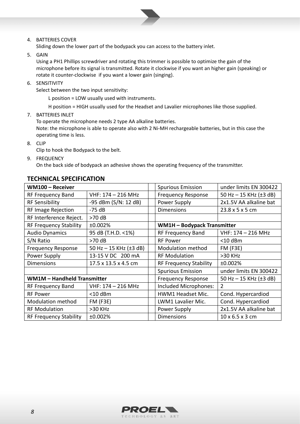 Proel WM100 User Manual | Page 8 / 51