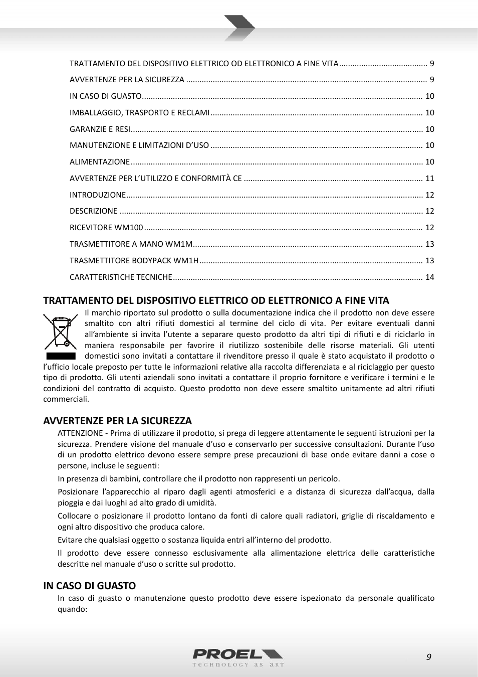 Avvertenze per la sicurezza | Proel WM100 User Manual | Page 9 / 51