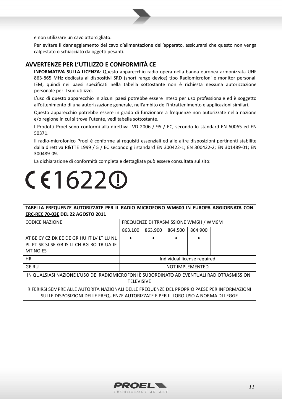 Avvertenze per l’utilizzo e conformità ce | Proel WM600 User Manual | Page 11 / 50