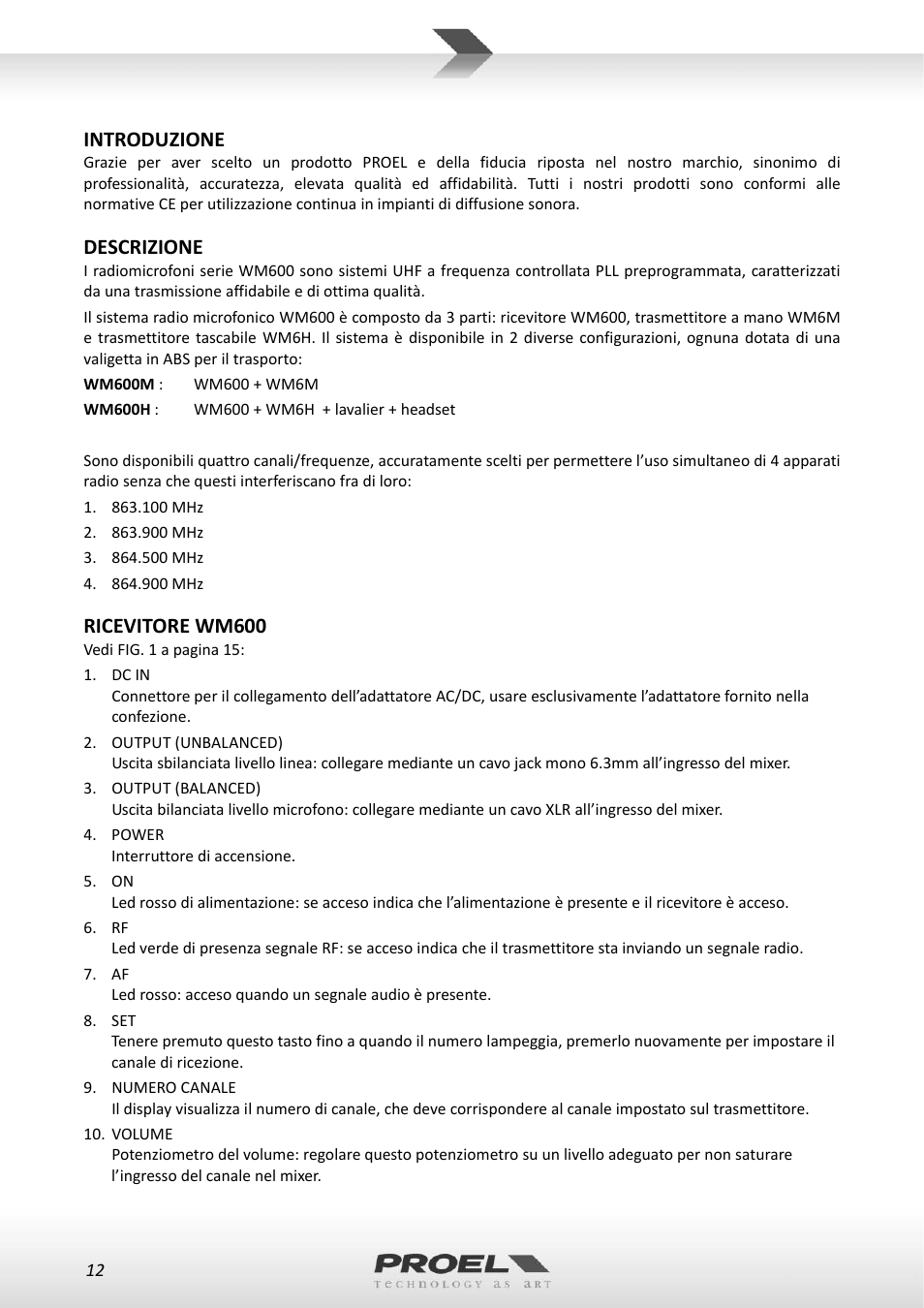 Introduzione, Descrizione, Ricevitore wm600 | Proel WM600 User Manual | Page 12 / 50