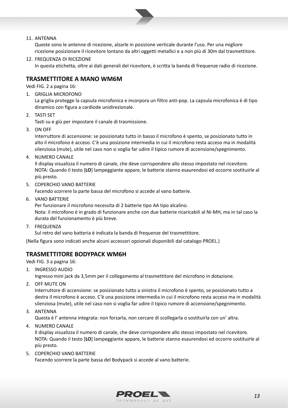 Trasmettitore a mano wm6m, Trasmettitore bodypack wm6h | Proel WM600 User Manual | Page 13 / 50