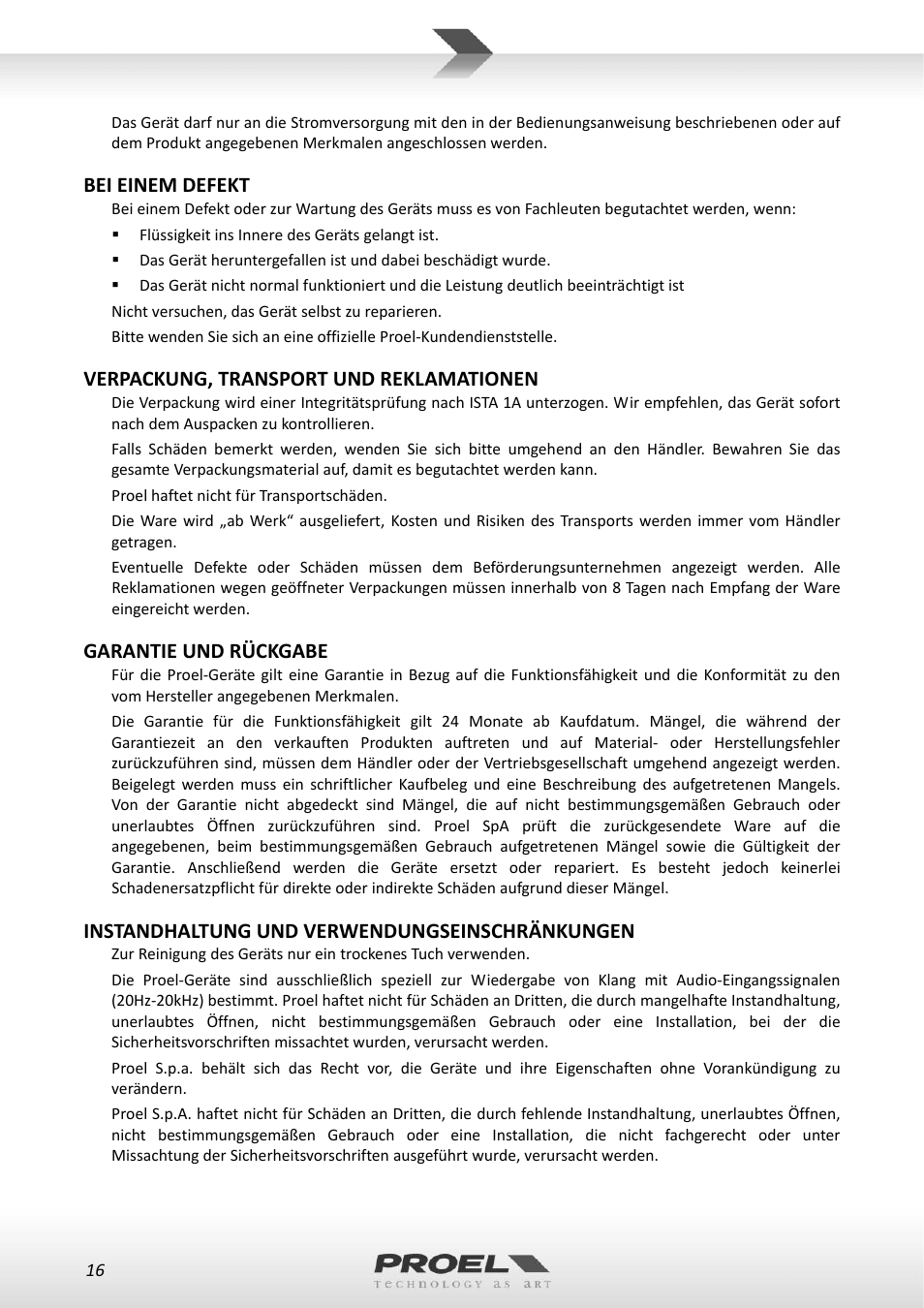 Bei einem defekt, Verpackung, transport und reklamationen, Garantie und rückgabe | Instandhaltung und verwendungseinschränkungen | Proel WM600 User Manual | Page 16 / 50