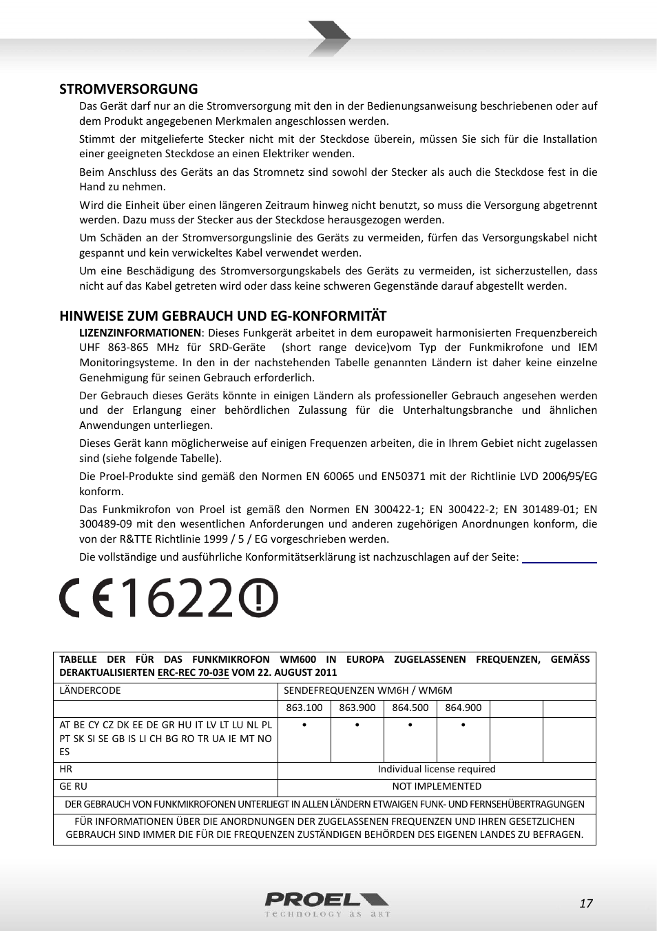 Stromversorgung, Hinweise zum gebrauch und eg‐konformität | Proel WM600 User Manual | Page 17 / 50