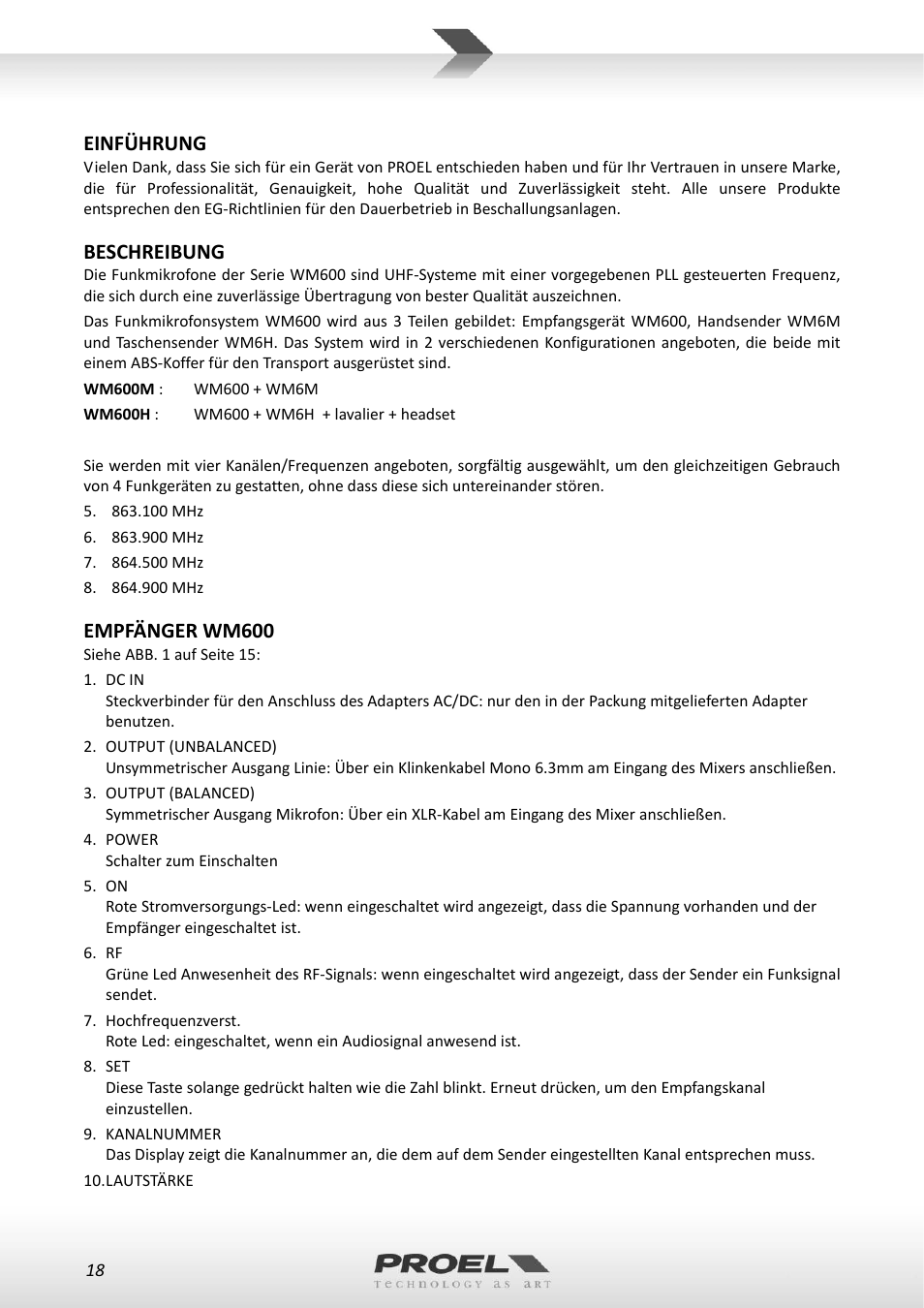 Einführung, Beschreibung, Empfänger wm600 | Proel WM600 User Manual | Page 18 / 50